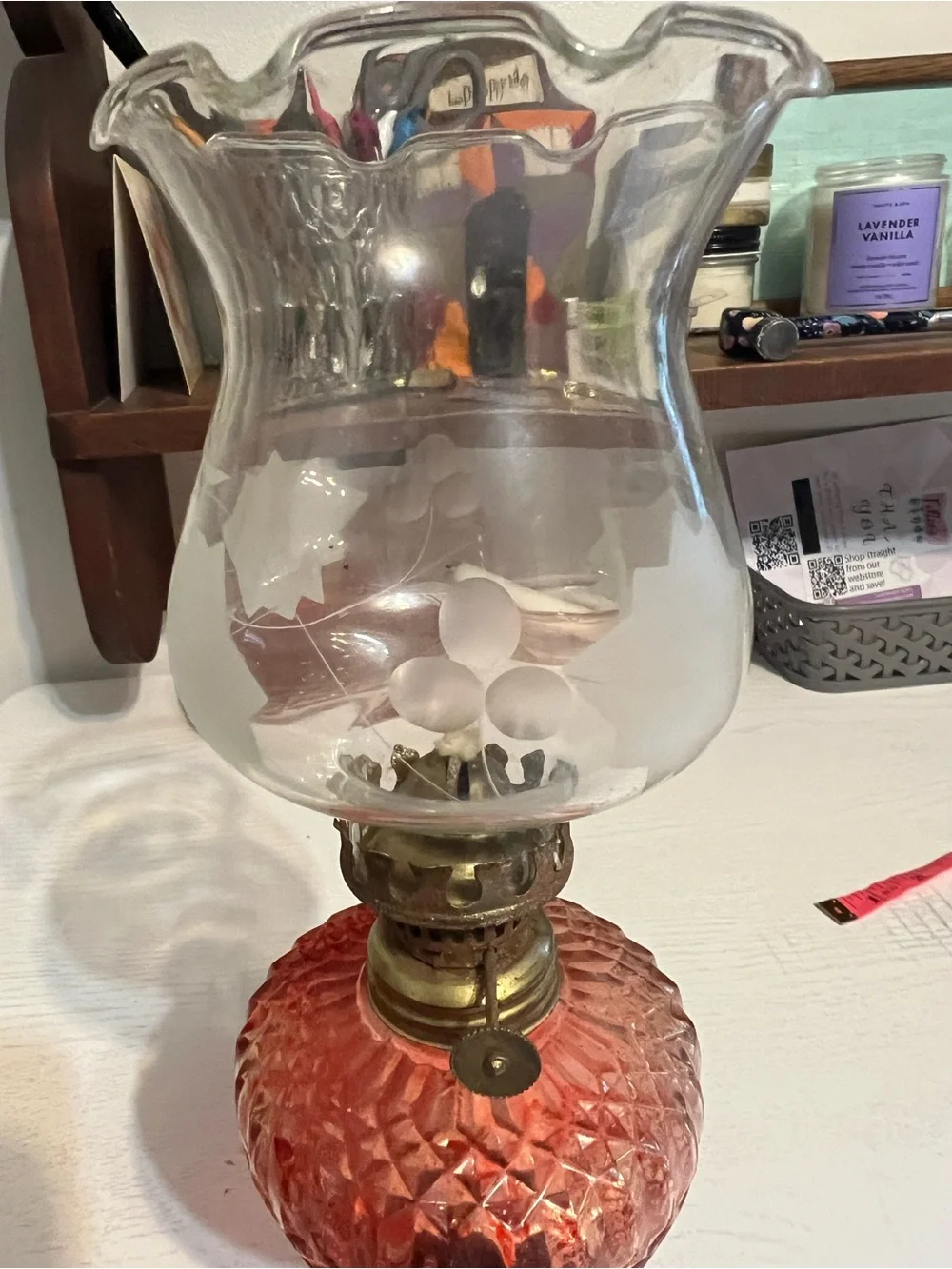 Red Glass Oil Lantern with Brass Accents - Home Accents